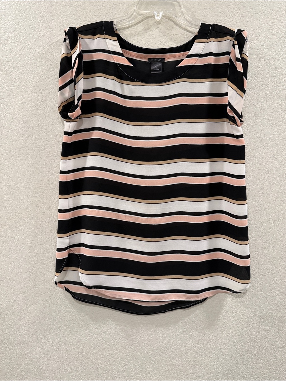 Ann Taylor Black, White & Blush Striped Puff-Sleeve Top